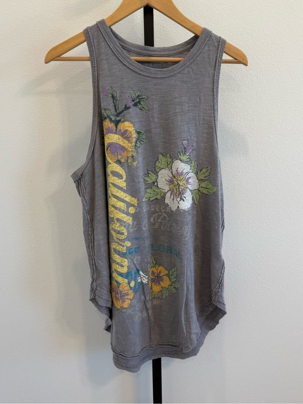 NWT Free People Rosie Graphic Tank Gray Floral California Large Boho Summer